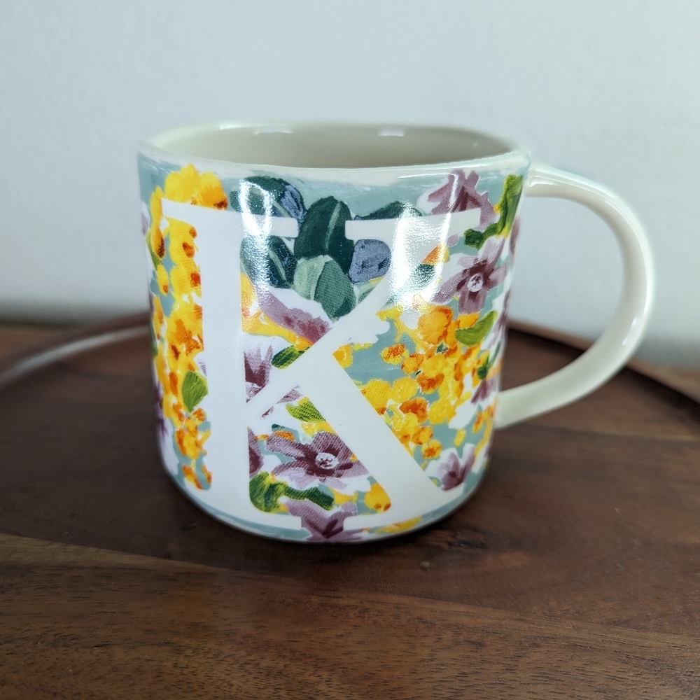 Anthropologie Floral Ceramic Letter "K" Initial Monogram Coffee Tea Mug Cup